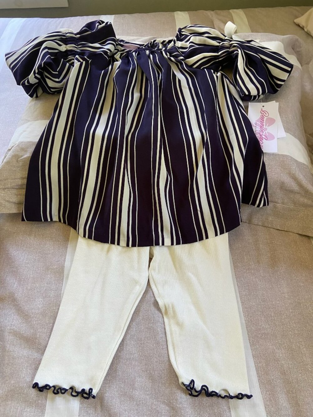 NWT Bonnie Jean Girls Navy Striped Top & White Leggings Set Sz 3T
